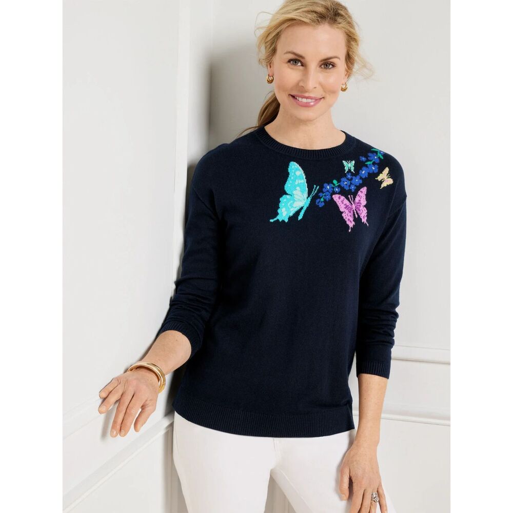 NWT Talbots navy blue with butterflies and floral design long sleeve sweater XLP